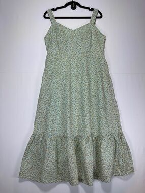 Pink Martini Floral Cotton Midi Dress Mint Green Ruffle Hem Sleeveless Size L